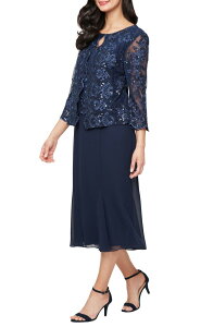 �A���b�N�X�C�u�j���O�X ���f�B�[�X �g�b�v�X �����s�[�X�p���R�[�� �h�J ���[�X Alex Evenings Embroidered Lace & Sequin Mock Cocktail Dress Navy �l�C�r�[