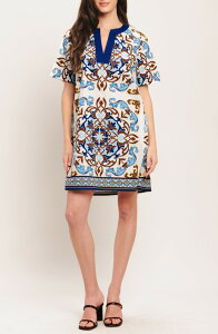 �t���C���O�g�}�g ���f�B�[�X �g�b�v�X �����s�[�X �v�����g �~�j �R�b�g�� FLYING TOMATO Scarf Print Cotton Shift Minidress Ivory Blue �A�C�{���[