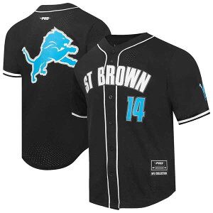 �v���X�^���_�[�h �����Y �g�b�v�X �V���c ���b�V�� Men's Pro Standard Amon-Ra St. Brown Black Detroit Lions Player Name & Number Mesh Button-Up Baseball Shirt Black �u���b�N