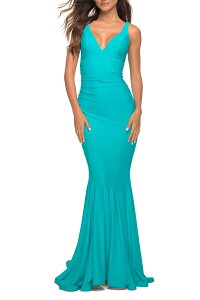���t�F�� ���f�B�[�X �g�b�v�X �����s�[�X �W���[�W�[ La Femme Simple Jersey Gown with Flattering Ruching Aqua �A�N�A