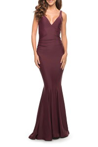 ���t�F�� ���f�B�[�X �g�b�v�X �����s�[�X �W���[�W�[ La Femme Simple Jersey Gown with Flattering Ruching Dark Wine ���C��