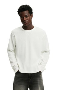 �R�b�g���I�� �����Y �g�b�v�X �V���c �N���b�v�h Cotton Men's Cropped Fitextured Long Sleeve Vintage White Waffle �z���C�g