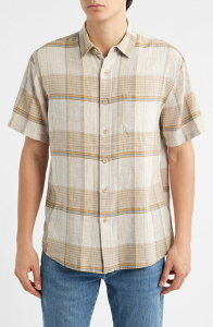 �y���h���g�� �����Y �g�b�v�X �V���c ���l�� Pendleton Dawson Plaid Short Sleeve Linen Blend Button-Up Shirt Ecru/ Tan/ Blue Plaid �G�N����
