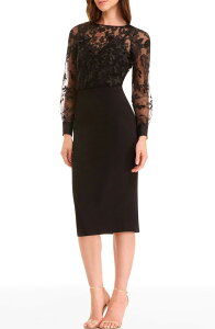 �h���X�U�|�v���[�V���� ���f�B�[�X �g�b�v�X �����s�[�X Dress the Population Pilar Mixed Media Long Sleeve Cocktail Sheath Dress Black �u���b�N