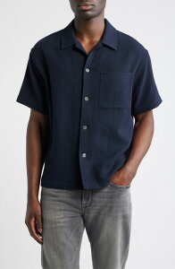 �t���[�� �����Y �g�b�v�X �V���c �R�b�g�� FRAME Open Weave Short Sleeve Cotton Blend Button-Up Shirt Dark Navy �l�C�r�[