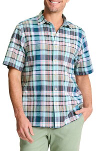 �g�b�~�[�o�n�} �����Y �g�b�v�X �V���c ���l�� Tommy Bahama Barbados Breeze Tavira Check Short Sleeve Stretch Linen Blend Button-Up Shirt Rococo Blue �u���[