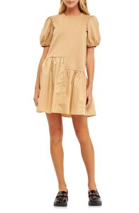 �C���O���b�V���t�@�N�g���[ ���f�B�[�X �g�b�v�X �����s�[�X �~�j English Factory Puff Shoulder Mixed Media Minidress Beige �x�[�W��