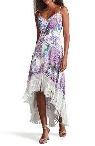 �^�_�V�V���[�W ���f�B�[�X �g�b�v�X �����s�[�X �v�����g �t�����W Tadashi Shoji Scarf Print Fringe Detail High-Low Cocktail Dress White/ Purple Floral �z���C�g