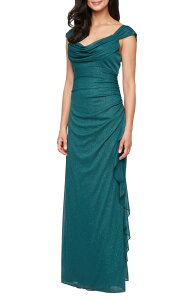 �A���b�N�X�C�u�j���O�X ���f�B�[�X �g�b�v�X �����s�[�X Alex Evenings Off the Shoulder Glitter Gown Pine