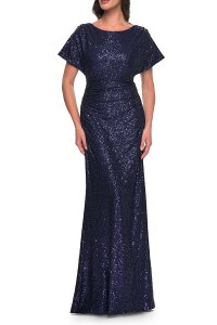 ���t�F�� ���f�B�[�X �g�b�v�X �����s�[�X�p���R�[�� La Femme Sequin Stretch Evening Dress withigh Neckline andolman Sleeves Navy �l�C�r�[