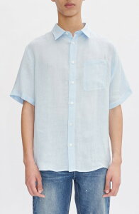 �A�[�y�[�Z�[ �����Y �g�b�v�X �V���c �h�J ���l�� ���S A.P.C. Bellini Logo Embroidered Short Sleeve Linen Button-Up Shirt Iab Light Blue �u���[