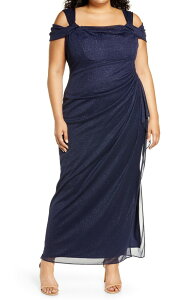 �A���b�N�X�C�u�j���O�X ���f�B�[�X �g�b�v�X �����s�[�X Alex Evenings Cold Shoulder Glitter Column Gown Dark Navy �l�C�r�[