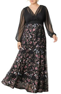 �L���i ���f�B�[�X �g�b�v�X �����s�[�X �h�J Kiyonna Isabella Embroidered Long Sleeve Gown Moonlit Garden