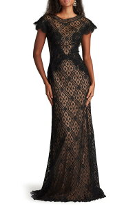 �^�_�V�V���[�W ���f�B�[�X �g�b�v�X �����s�[�X ���[�X Tadashi Shoji Embellished Flutter Sleeve Lace Mermaid Gown Black/ Nude �u���b�N