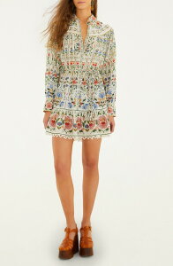 �t�@�[�� ���f�B�[�X �g�b�v�X �����s�[�X �~�j �V���c �R�b�g�� FARM Rio Stitched Garden Long Sleeve Cotton Blend Mini Shirtdress Off-White �I�t�z���C�g