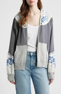 �t���[�s�[�v�� ���f�B�[�X �A�E�^�[ �p�[�J�[�E�X�E�F�b�g �Z�[�^�[ Free People Lydia Mixed Media Zip-Up Hooded Sweater Grey Combo �O���[