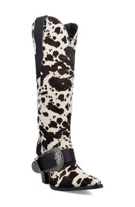 �f�B���S ���f�B�[�X �V���[�Y �u�[�c�E���C���u�[�c Dingo Spur Crazy Genuine Calf Hair Over the Knee Boot Cow Print
