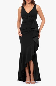�x�b�c�B�A���h�A�_�� ���f�B�[�X �g�b�v�X �����s�[�X V�l�b�N �t���� Betsy & Adam V-Neck Cascade Ruffle High-Low Gown Black �u���b�N