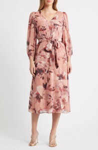 �A���N���C�� ���f�B�[�X �g�b�v�X �����s�[�X �t�����[�� �~�f�B �g�[�� �t�����[ Anne Klein Metallic Stripe Floralong Sleeve Midi Dress Rose Mist Multi �}���`�J���[