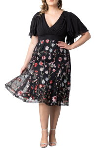 �L���i ���f�B�[�X �g�b�v�X �����s�[�X �h�J Kiyonna Lillian Embroidered Flutter Sleeve Cocktail Dress Bordeaux Blooms