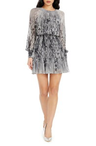 �h���X�U�|�v���[�V���� ���f�B�[�X �g�b�v�X �����s�[�X �v�����g �~�j �g�[�� Dress the Population Aulden Metallic Print Abstract Print Long Sleeve Cocktail Minidress Dove Multi �}���`�J���[