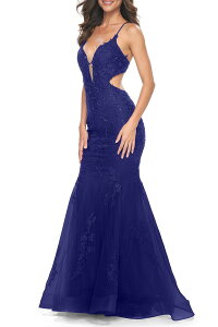 ���t�F�� ���f�B�[�X �g�b�v�X �����s�[�X �`���[�� ���[�X La Femme Lace and Tulle Mermaid Gown with Side Cut Outs in Jewel Tones Marine Blue �u���[