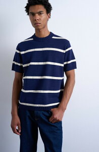 �g�b�v�}�� �����Y �A�E�^�[ �p�[�J�[�E�X�E�F�b�g �N���[�l�b�N �Z�[�^�[ Topman Textured Stripe Short Sleeve Crewneck Sweater Navy �l�C�r�[