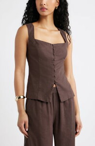 �I�[�v���G�f�B�b�g ���f�B�[�X �g�b�v�X �V���c ���l�� Open Edit Sweetheart Neck Linen Blend Top Brown Seal �u���E��