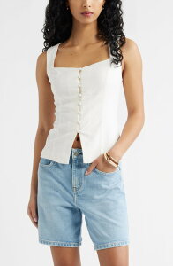 �I�[�v���G�f�B�b�g ���f�B�[�X �g�b�v�X �V���c ���l�� Open Edit Sweetheart Neck Linen Blend Top White �z���C�g