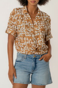 �J�b�g�t�����U�N���X ���f�B�[�X �g�b�v�X �V���c �v�����g ���l�� KUT from the Kloth Rebel Printed Knot Front Linen Blend Top Cambridge Wood
