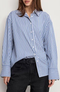�O�b�h�A�����J�� ���f�B�[�X �g�b�v�X �V���c �R�b�g�� Good American Oversize Cotton Poplin Button-Up Shirt Indigo Stripe �C���f�B�S