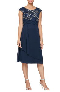 �A���b�N�X�C�u�j���O�X ���f�B�[�X �g�b�v�X �����s�[�X A ���C�� �h�J Alex Evenings Embroidered Bodice A-Line Cocktail Dress Navy/Silver �l�C�r�[