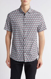 �X�g�[�����[�Y �����Y �g�b�v�X �V���c Stone Rose Zebra Short Sleeve Trim Fit Button-Up Shirt Black �u���b�N