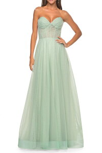 ���t�F�� ���f�B�[�X �g�b�v�X �����s�[�X �`���[�� La Femme Sweetheartulle and Rhinestone Prom Dress with Illusion Detail Sage �Z�[�W