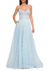 ���t�F�� ���f�B�[�X �g�b�v�X �����s�[�X �h�b�g�� �`���[�� �h�b�g �V�A�[ La Femme Polka Dotulle Prom Dress with Sheer Corsetop Light Blue �u���[
