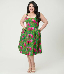 ���j�[�N�r���e�[�W ���f�B�[�X �g�b�v�X �����s�[�X �v���X�T�C�Y �v���[�c Unique Vintage Plusize Square Neck Pleated Swing Dress Green W/Pink Floral �s���N
