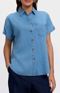 �t�H�b�N�X�N���t�g ���f�B�[�X �g�b�v�X �V���c �f�j�� Foxcroft Abigail Short Sleeve Denim Button-Up Shirt Bleach Wash Blue �u���[