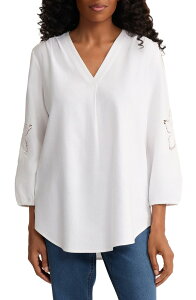 �W���[���Y�j���[���[�N ���f�B�[�X �g�b�v�X �V���c �h�J Jones New York Embroidered Pleat Frontunic Natural White �z���C�g