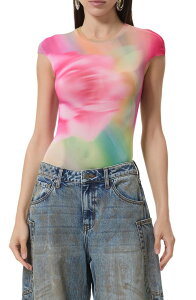 �G�[�G�t�A�[���G�� ���f�B�[�X �g�b�v�X �V���c �v�����g ���b�V�� �L���b�v AFRM Nina Print Cap Sleeve Mesh Top Green Rose �O���[��
