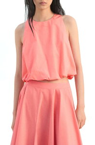 �}���S ���f�B�[�X �g�b�v�X �V���c �m�[�X���[�u �R�b�g�� MANGO Bubble Hem Sleeveless Cotton Top Coral Red ���b�h