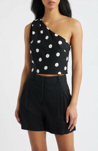 �}���S ���f�B�[�X �g�b�v�X �V���c �h�b�g�� �h�b�g MANGO Abrei Polka Dot One Shoulder Crop Top Black �u���b�N