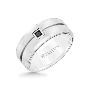 �g���g�� ���f�B�[�X �A�N�Z�T���[ �w�� Triton 9MM Ring with Single Black Diamond Center and Brushed Center with Bevel Edge Metallic Silver �V���o�[