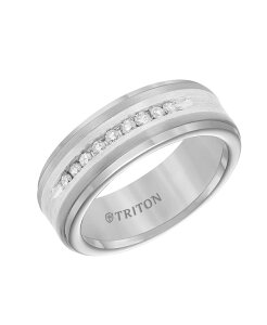 �g���g�� ���f�B�[�X �A�N�Z�T���[ �w�� �T�e�� Triton 8MM Tungsten Diamond Ring with Channel Set Silver Satin Finish and Step Edge Metallic Silver �V���o�[