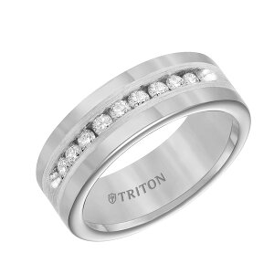�g���g�� ���f�B�[�X �A�N�Z�T���[ �w�� �T�e�� Triton 8MM Tungsten Diamond Ring with Channel Set Silver Satin Finish Inlay and Round Edge Metallic Silver �V���o�[