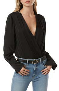 �t�F�C�o���b�g �h�[�^�[ ���f�B�[�X �g�b�v�X �V���c �T�e�� �{�f�B�[�X�[�c Favorite Daughter Surplice Long Sleeve Satin Bodysuit Black �u���b�N
