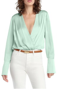 �t�F�C�o���b�g �h�[�^�[ ���f�B�[�X �g�b�v�X �V���c �T�e�� �{�f�B�[�X�[�c Favorite Daughter Surplice Long Sleeve Satin Bodysuit Light Sage �Z�[�W