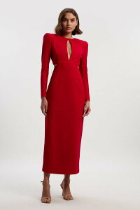 �J�����~���� ���f�B�[�X �g�b�v�X �����s�[�X �N���[�v �X�L���[�o �}�L�V Karen Millen Scuba Crepe Plunge Maxi Dress Dark Red ���b�h