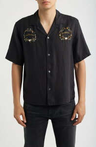 �I�[���Z�C���c �����Y �g�b�v�X �V���c �h�J ���l�� AllSaints Klavicle California Dreamin' Embroidered Linen Camp Shirt Jet Black �u���b�N