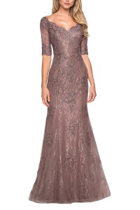 ���t�F�� ���f�B�[�X �g�b�v�X �����s�[�X ���[�X La Femme Floor Length Lace Dress with Rhinestone Accents Cocoa �R�R�A