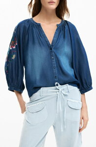 �f�W�O�A�� ���f�B�[�X �g�b�v�X �V���c �h�J Desigual Embroidered Chambray Shirt Dark Blue �u���[